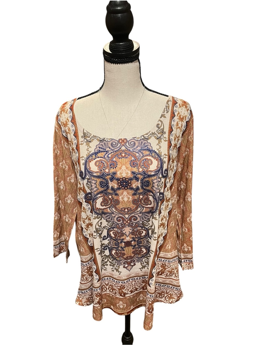 World Unity Women’s XL Boho Paisley Rhinestone Embellished Tunic Top Brown